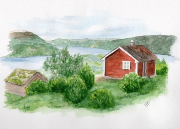 Postkarte DIN-A6 Aquarell Kunst Druck Kunstdruck Norwegen Norge Norway Eisfjord Fjord Gletscher Haus am Fjord